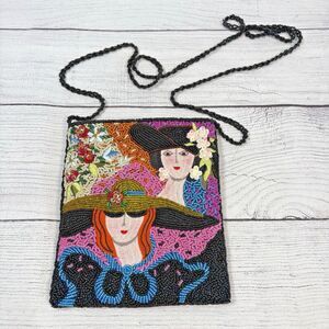 Seed Bead Purse Victorian Art Deco Ladies Flowers Black Pink Blue Small 6"x7"